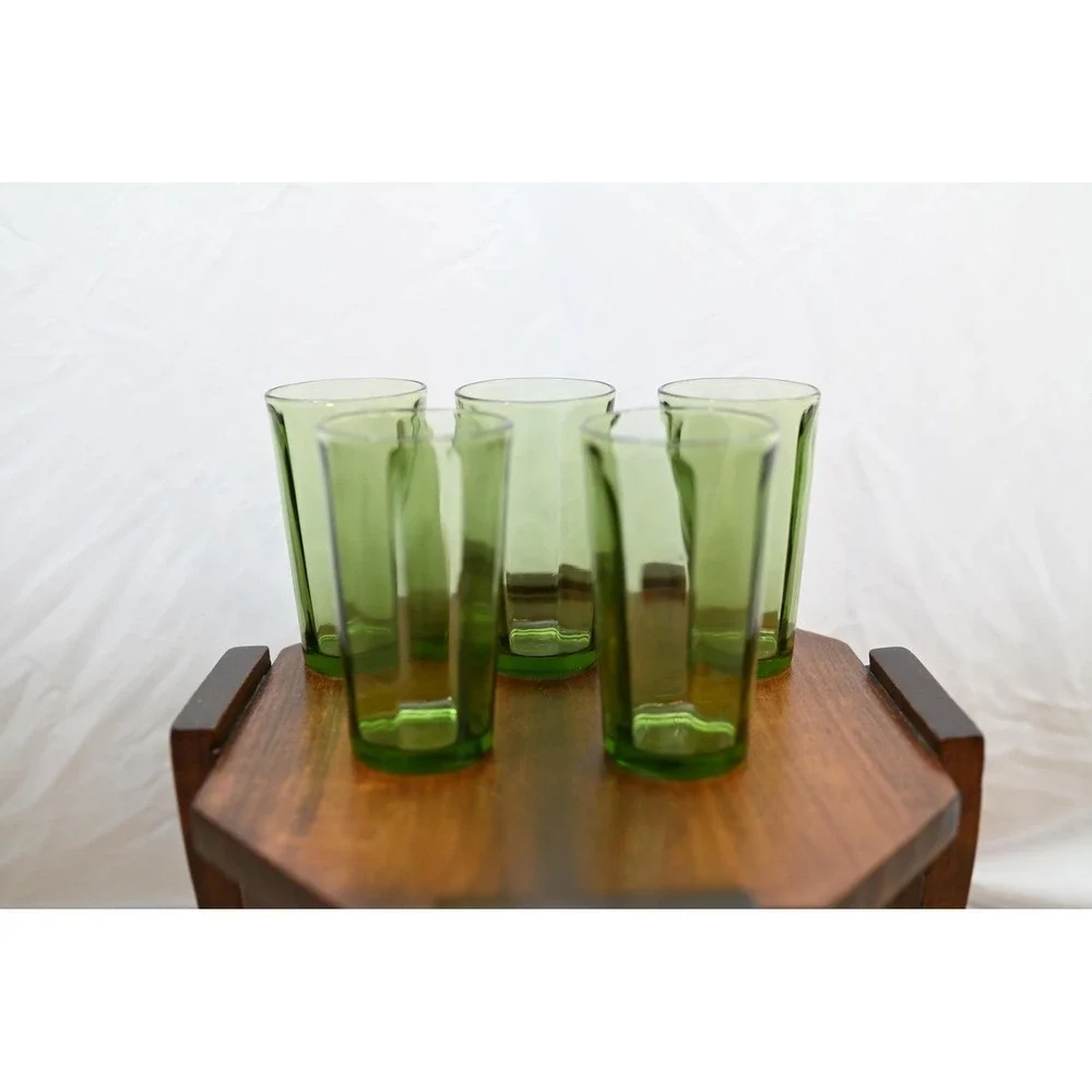Vintage Avocado Green Panel Style Drinking Glasses Set of 5 Retro Tumblers 5in